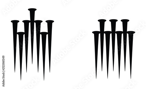 Metal wire nails icons featuring iron spike symbols in flat, outline, and silhouette vector styles for carpentry, construction, repair, and renovation projects.