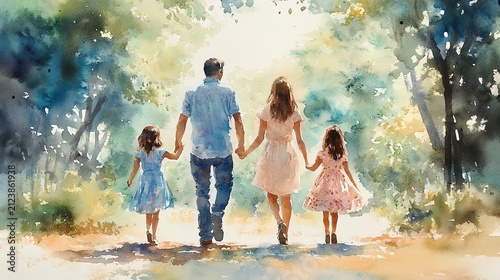 Watercolor painting of a family of four, parents and two daughters, walking handinhand