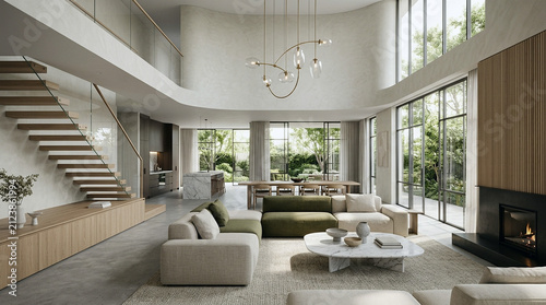 Modern Luxury Open Plan Living Room with Floating Stairs and Garden