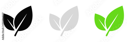 Minimalist leaf icons in black, grey, and green colors. Eco friendly foliage symbols for organic branding. Sustainable nature vector graphics.