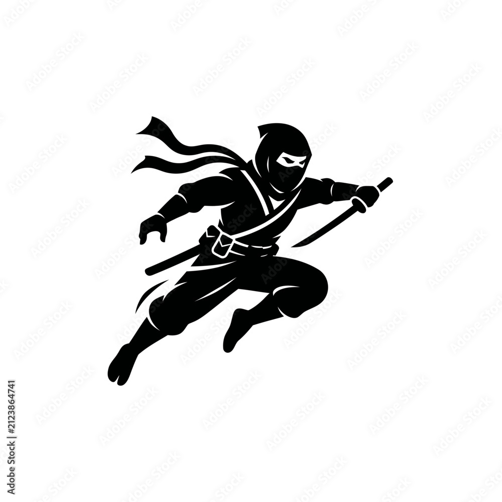 Fototapeta premium Agile ninja assassin leaping with dual katanas.