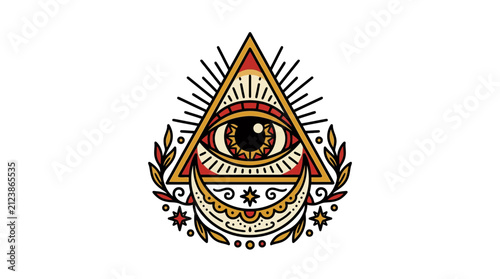 Fotografie Mystical Eye in Triangle with Crescent Moon and Stars
