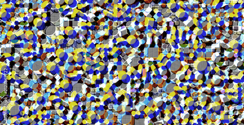 Vibrant abstract background pattern. Dense mosaic of multicolored shapes circles, rectangles, irregular forms, creating dynamic, complex, modern visual texture
