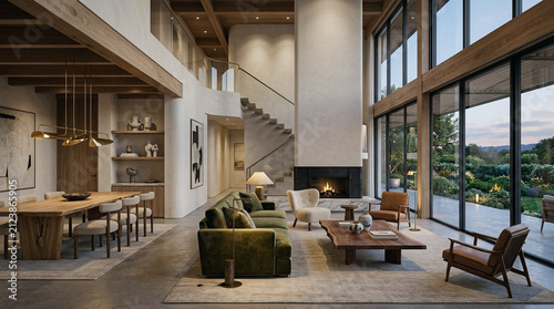 Modern Luxury Living Room Interior with Fireplace and Dining Area