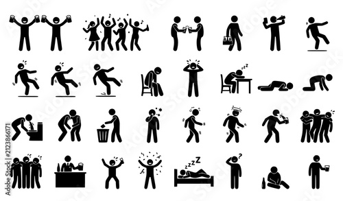 Foto ​Alcoholism hangover and party behavior stick figure icons collection vector ill