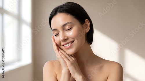 Beautiful Woman with Glowing Skin Smiling for Skincare Concept Portrait for Wellness Website Banner Background Image