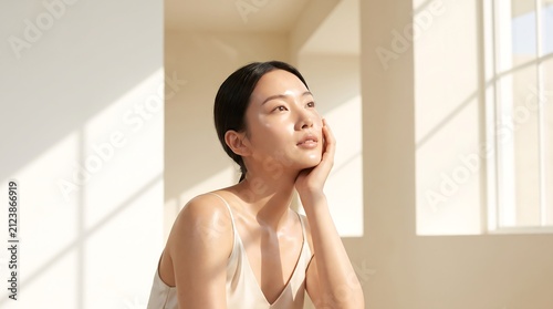 Young Asian woman with radiant glowing skin touching her face in sunlight for skincare wellness and beauty advertising