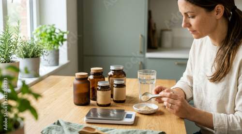 Health conscious consumer checking unlabeled supplement jars, powder, a kitchen scale, and water in a bright modern kitchen.