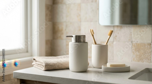 Refillable toothpaste pump on a clean bathroom sink with toothbrush cup, towel, and ceramic soap dish.