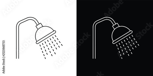 фотографія Shower Icon in Dual Contrast: A minimalist line art representation of a showerhead with water droplets, presented in both black and white versions, highlighting its clean and simple design