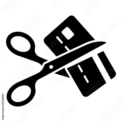Credit card cut by scissors solid glyph icon for debt cancellation