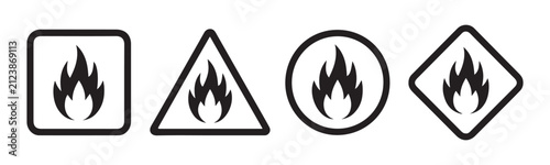 Foto Fire warning signs set in various shapes including square triangle circle and diamond fire symbols