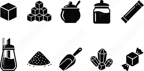 Sugar and sweetener icons set featuring cubes crystals bowl scoop and packets in flat black vector style