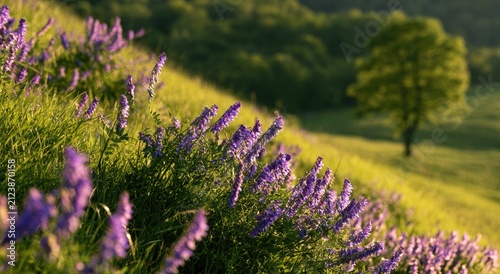 Serene, sun-drenched meadow slopes adorned with vibrant purple wildflowers