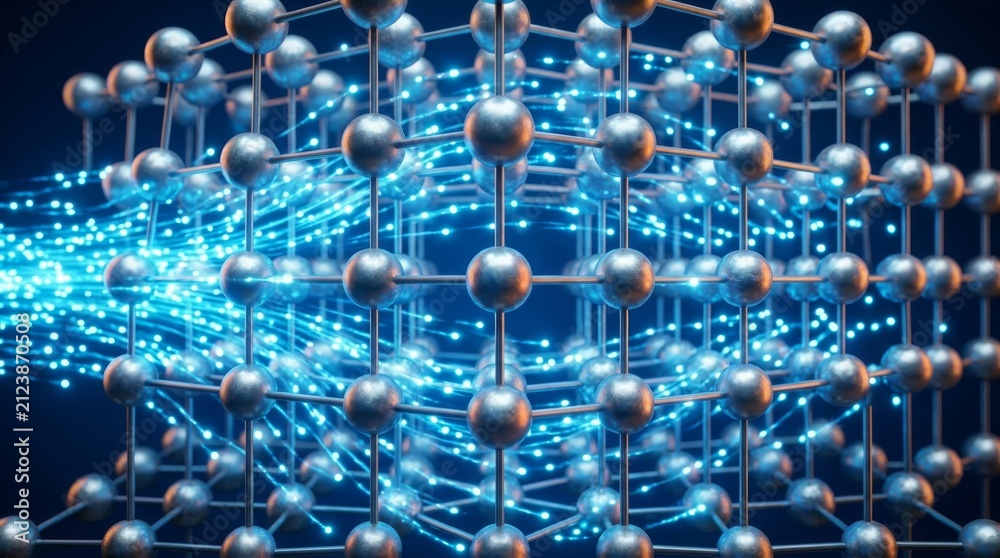 Obraz premium Digital Network Matrix: A complex digital network matrix composed of interconnected metallic spheres and illuminated blue light streams, representing the intricate web of data and technology.