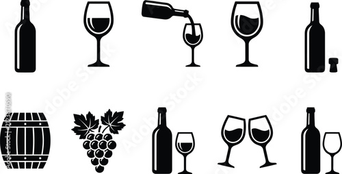 Wine and vineyard icon set featuring bottles glasses grapes and wooden barrel in flat black vector style