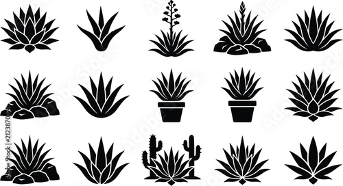 Agave and desert plant silhouette icon set for botanical design and nature themed graphic projects