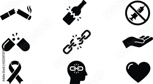 Addiction recovery and healthy lifestyle icons set featuring breaking habits and wellness symbols in flat vector