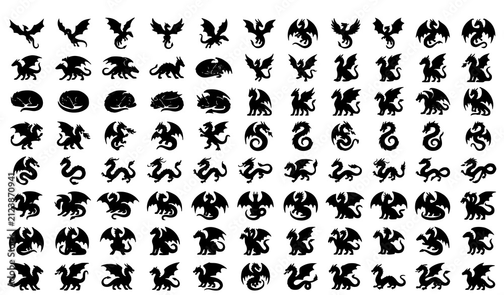 Obraz premium Fantasy Dragon Silhouette Icons with Winged Mythical Beast Vector Collection