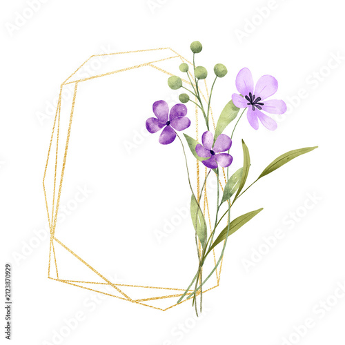 Floral golden geometric frame with violet flowers. Hand drawing digital gold border with place for text. Isolated on white background.