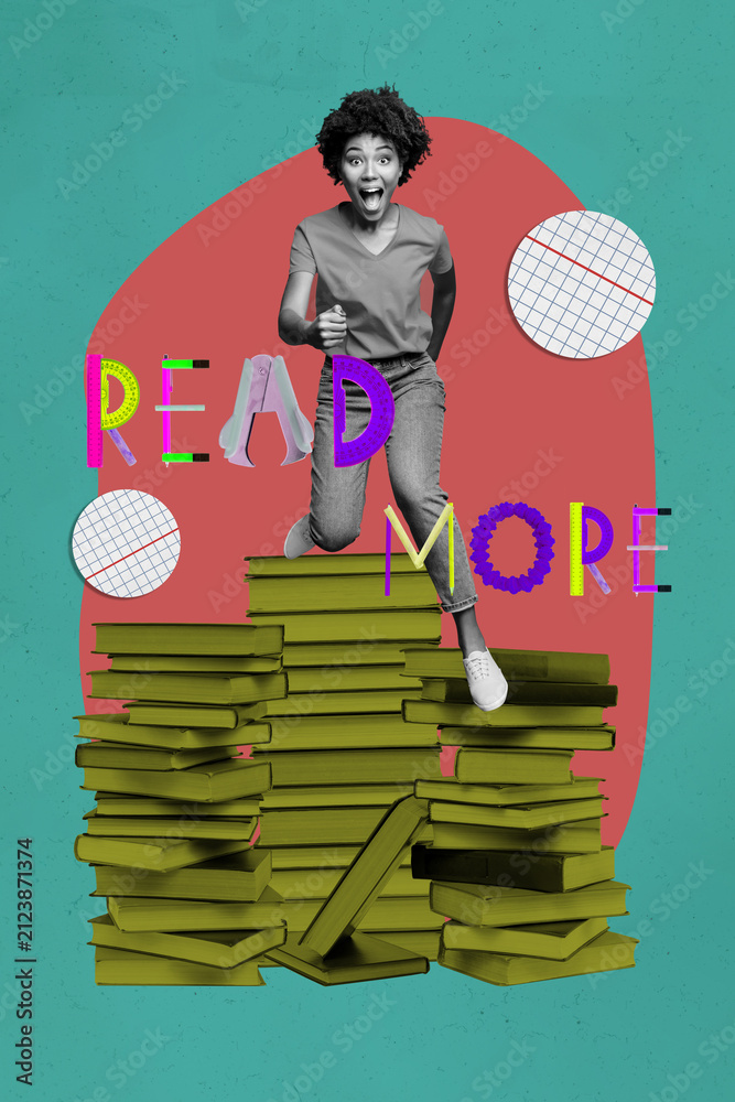 Fototapeta premium Pop art vertical zine photo collage of happy girl guy run library academic book stack education learner pencil ruler read more letters