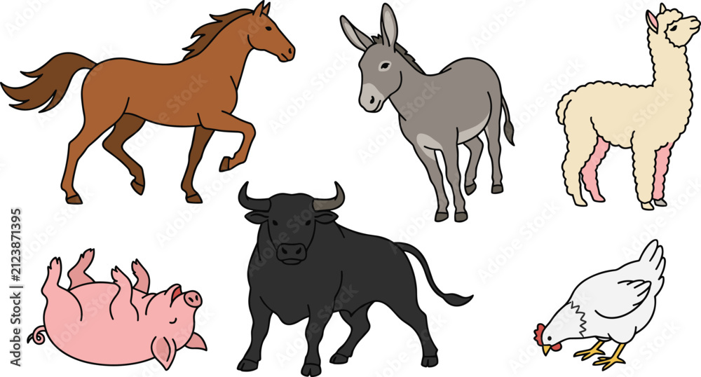 Naklejka premium Farm Animal Vector Icon Set Featuring Running Horse Standing Donkey Fluffy Alpaca Rolling Pig Strong Black Bull and Pecking Chicken for Agriculture Designs