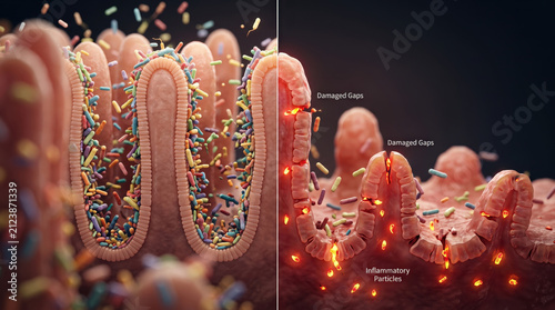 Healthy gut villi with strong intestinal barrier support digestive wellness and microbiome balance while damaged gaps in leaky gut trigger inflammation and harm gut health