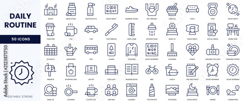 Картината върху платно A collection of 50 icons depicting various daily routines in a minimalist line style, showcasing diversity