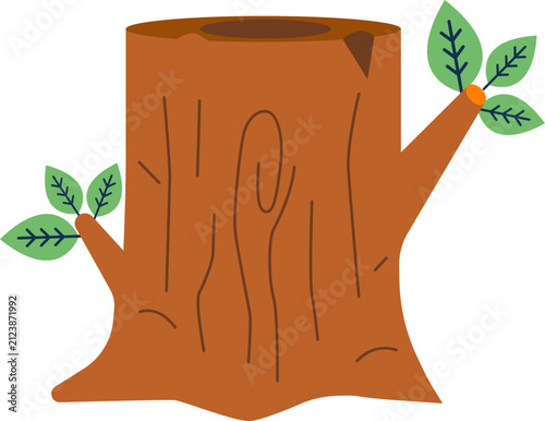 Tree stump with new green leaf sprouts flat vector illustration for regrowth and nature concepts