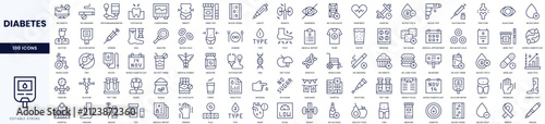 A comprehensive collection of 100 diabetes-related icons in a clean, minimalist design.