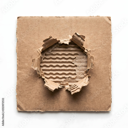 Square brown cardboard piece with a rough torn hole in the center of the surface