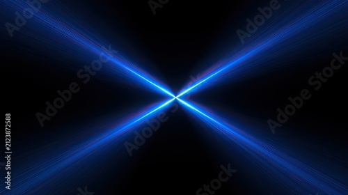 Bright blue intersecting light beams creating an 'X' against a dark background