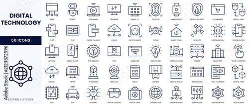 A collection of 50 sleek line icons representing various facets of digital technology.