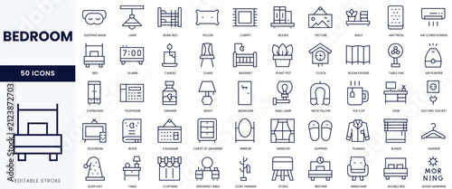 Collection of 50 linear icons representing various bedroom items and furniture.
