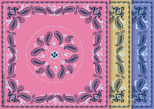 Paisley ornament background set. Oriental decorative square decor border with round mandala on pink, yellow, purple color. Vector illustration. For cards, poster, scarf, textile