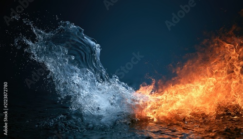 Dynamic collision of vibrant fire and cool, splashing water, set against a dark background