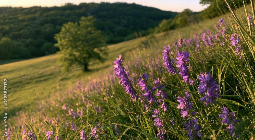 Obraz premium Golden light bathes a grassy meadow with purple wildflowers in the foreground