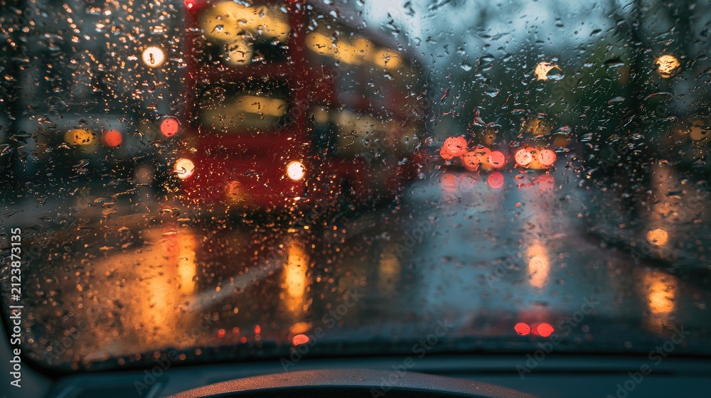 Fototapeta premium Wet windshield view of blurry city lights and passing red bus at dusk