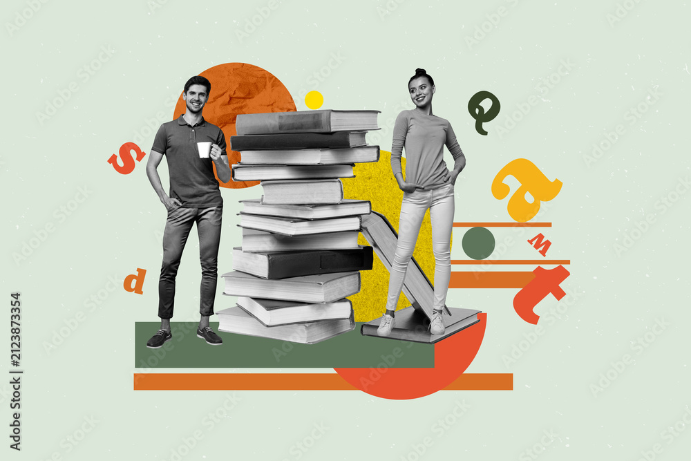 Fototapeta premium Pop art full zine photo collage of happy girl guy stand library academic book stack education learner letters vocabulary encyclopedia