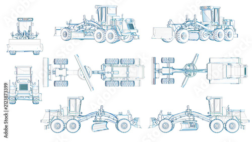 Foto Motor Grader Technical Blueprint Illustration Set