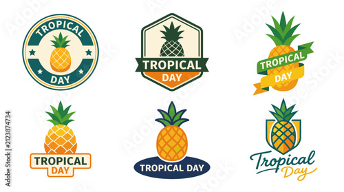 A vibrant collection of six logos centered around the concept of Tropical Day, highlighted by a pineapple motif that conveys a sense of fun and summer vibes.