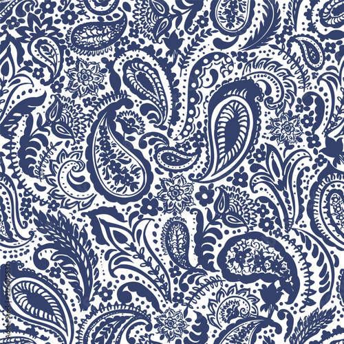 Paisley ornament seamless pattern in dark blue and white color. Oriental monochrome decorative background. Vector illustration. For cards, poster, labels, boho, yoga fitness