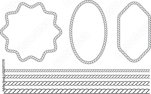 Set of hand drawn rope frames and borders featuring circular and oval shapes for nautical themed design projects