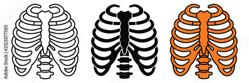 Outline and silhouette icon set of 3 human rib cage variations featuring flat orange and black anatomy styles for medical design