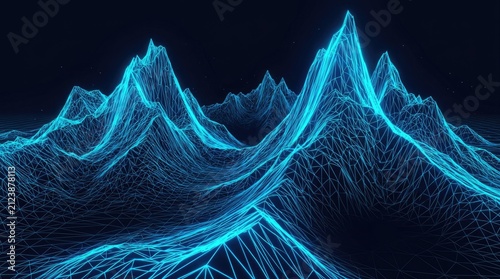 Blue digital wireframe mountains on dark background