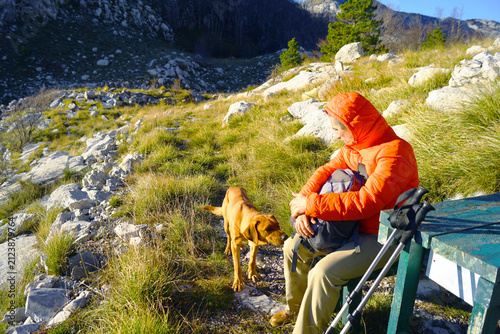 Quadro su tela Hiker in orange jacket sits on bench in Orjen Nature Park as friendly dog approaches
