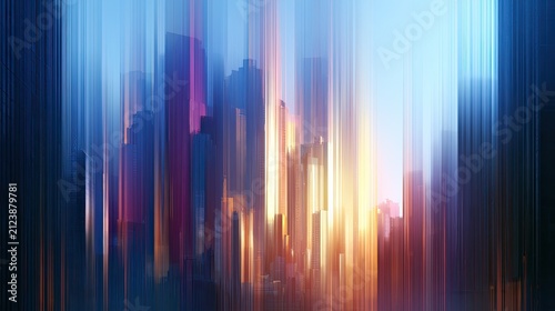 Abstract vertical streaks of light and color create a futuristic cityscape at dawn