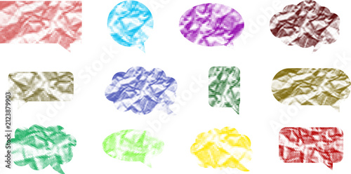 Set of colorful speech bubbles made of crumpled paper isolated on white background