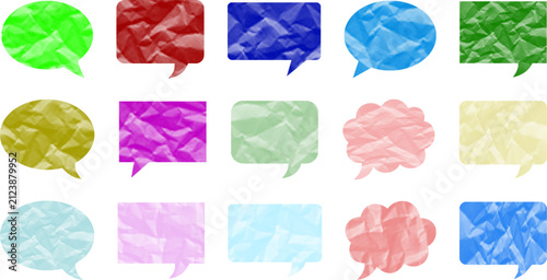 Set of colorful crumpled paper speech bubbles isolated on white background