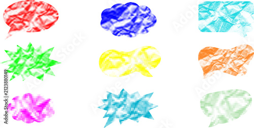 Set of colorful crumpled paper speech bubbles on a dark gray background